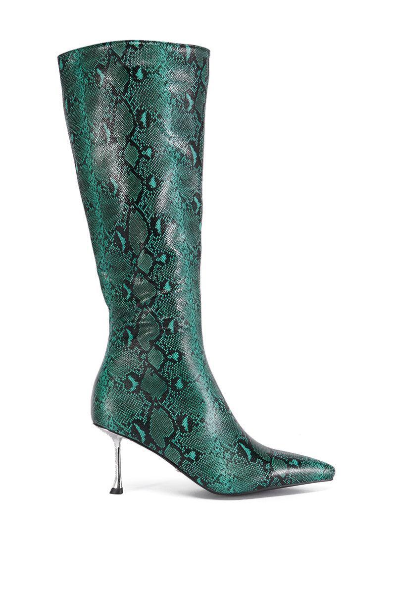 AZALEA WANG JACARANDA GREEN SNAKE EMBOSSED EMBELLISHED HEEL BOOT Product Image