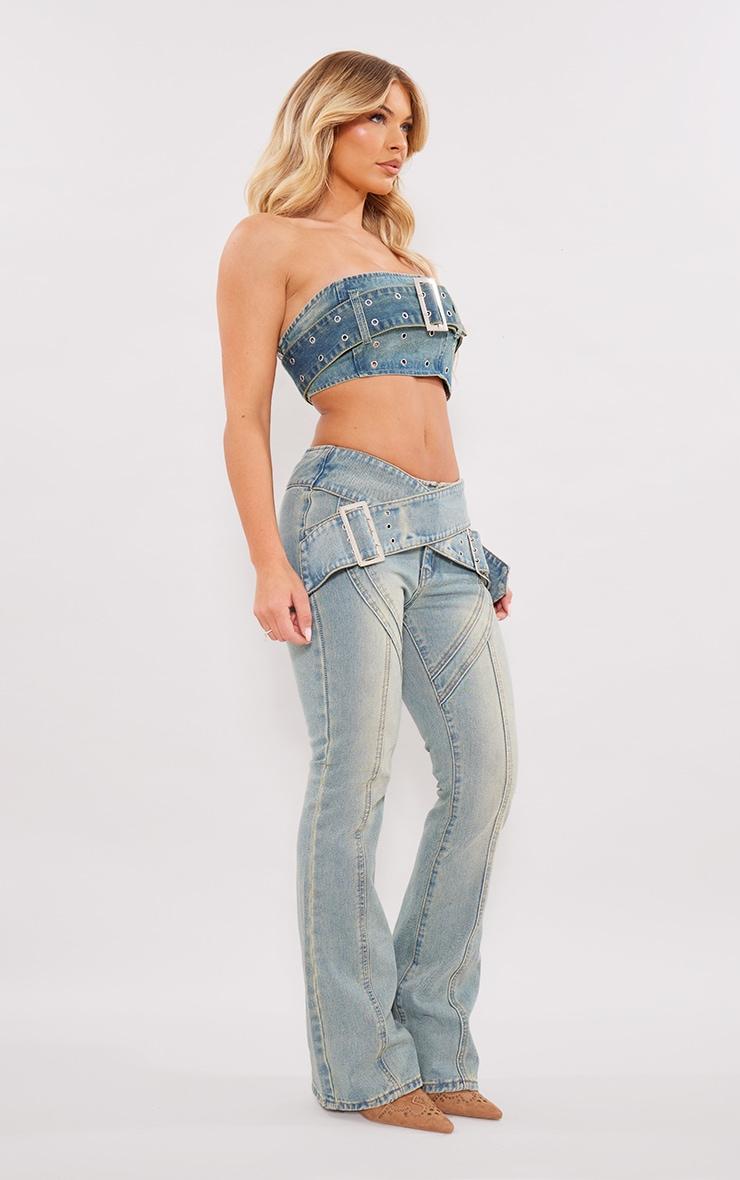 Vintage Wash Green Tint Belt Detail Denim Bandeau Crop Top Product Image