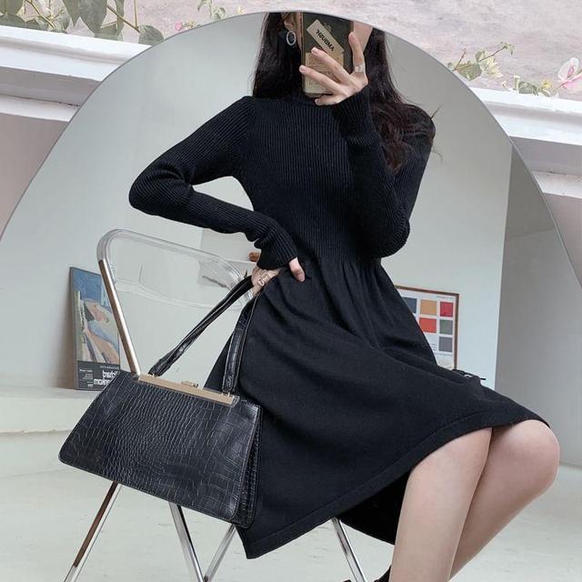 Long Sleeve Mock Neck Plain Gathered Knit A-Line Dress (Various Designs) Product Image