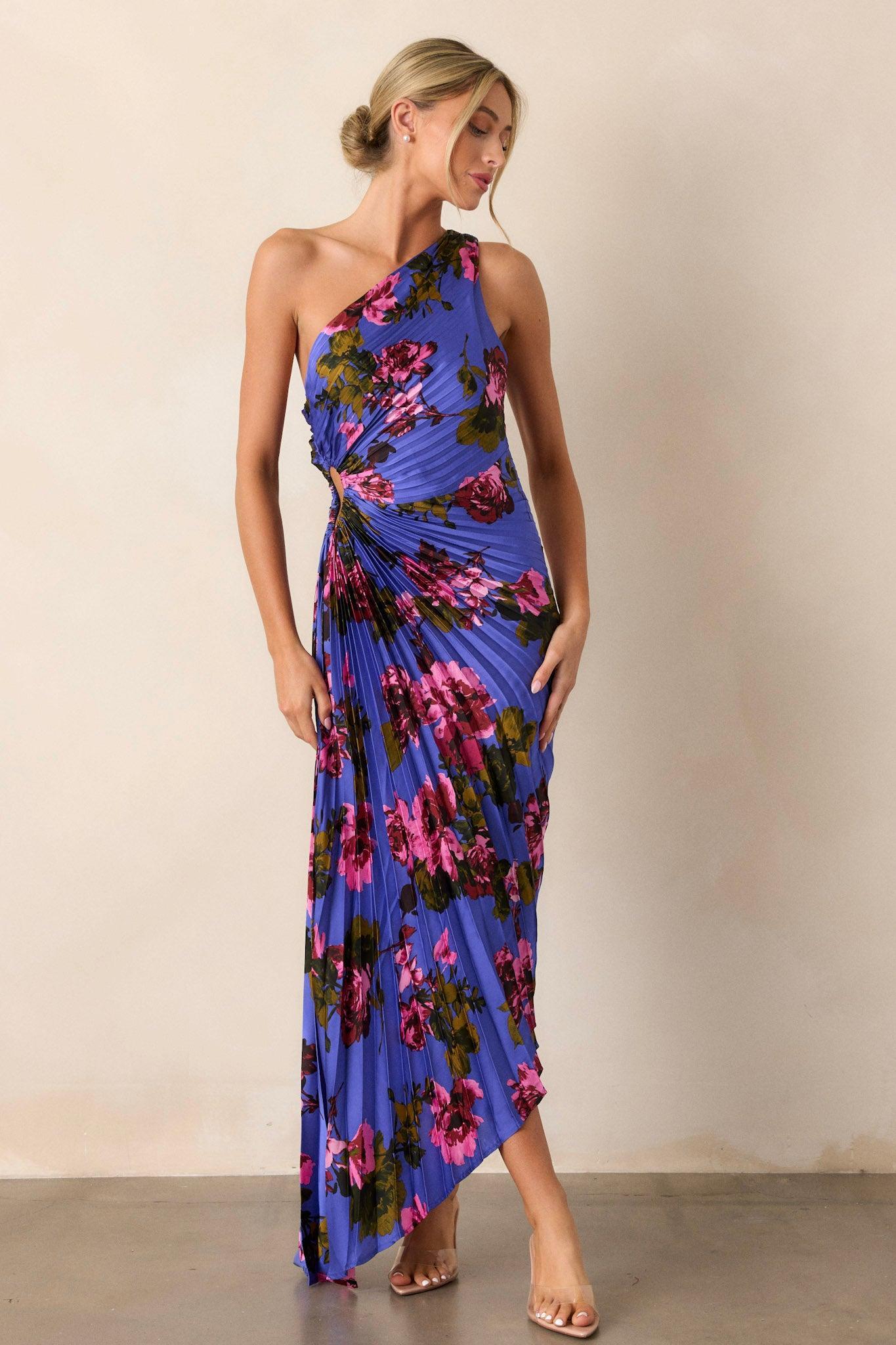 Poetic Charm Violet Floral Asymmetric One Shoulder Maxi Dress Product Image