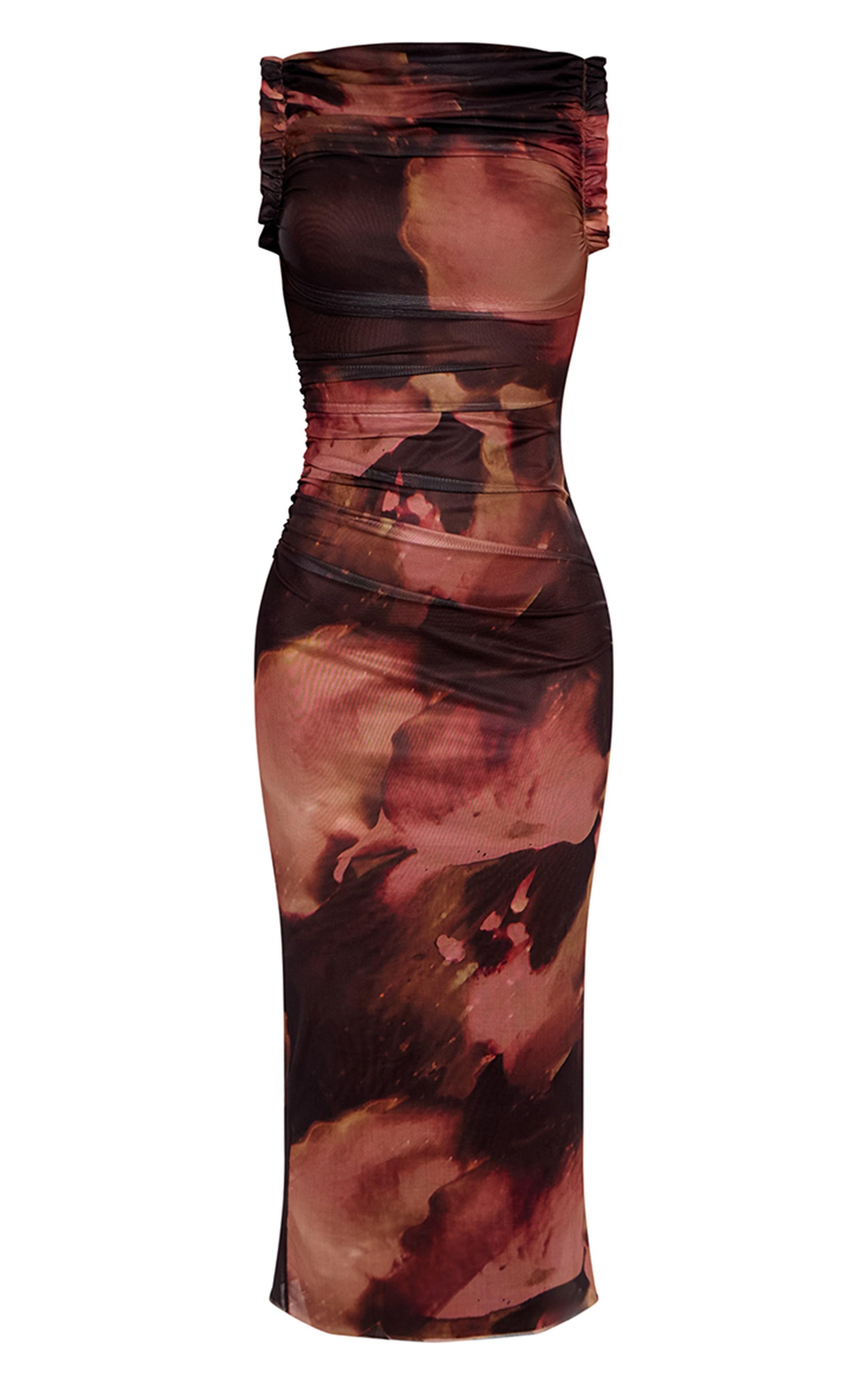 Brown Abstract Print Mesh Racer Neck Maxi Dress Product Image