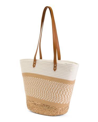 Cotton Woven Tote With Straw Bottom for Women Product Image