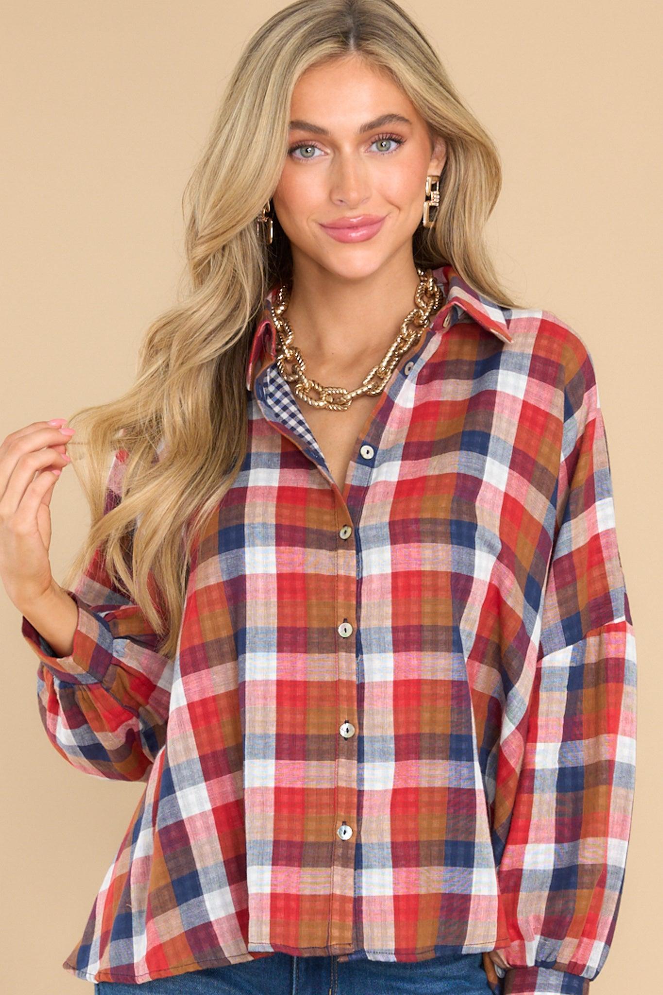 Aura Doesn't Add Up Red Multi Plaid Top Product Image