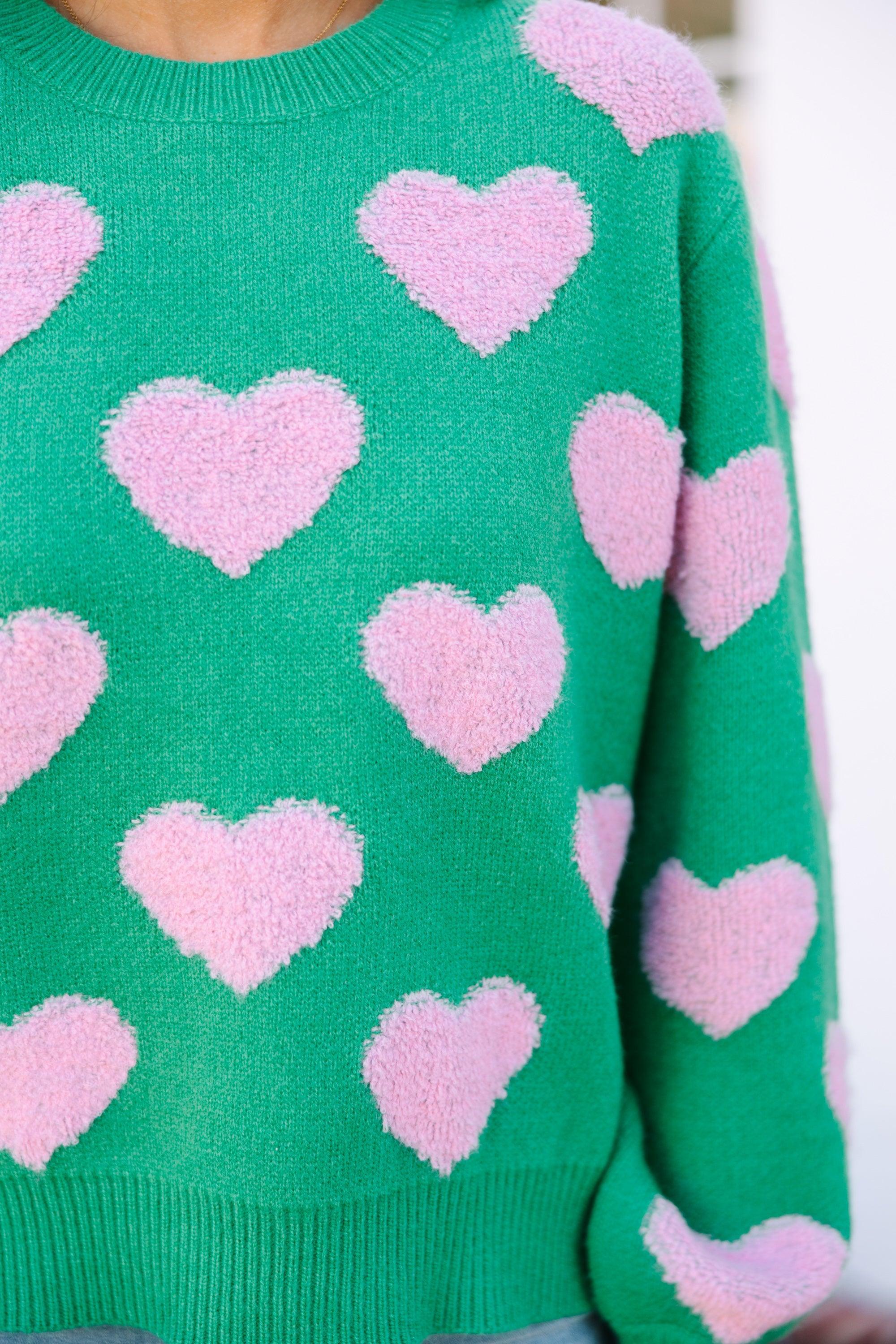 I'll Be there Green Fuzzy Heart Sweater Female Product Image