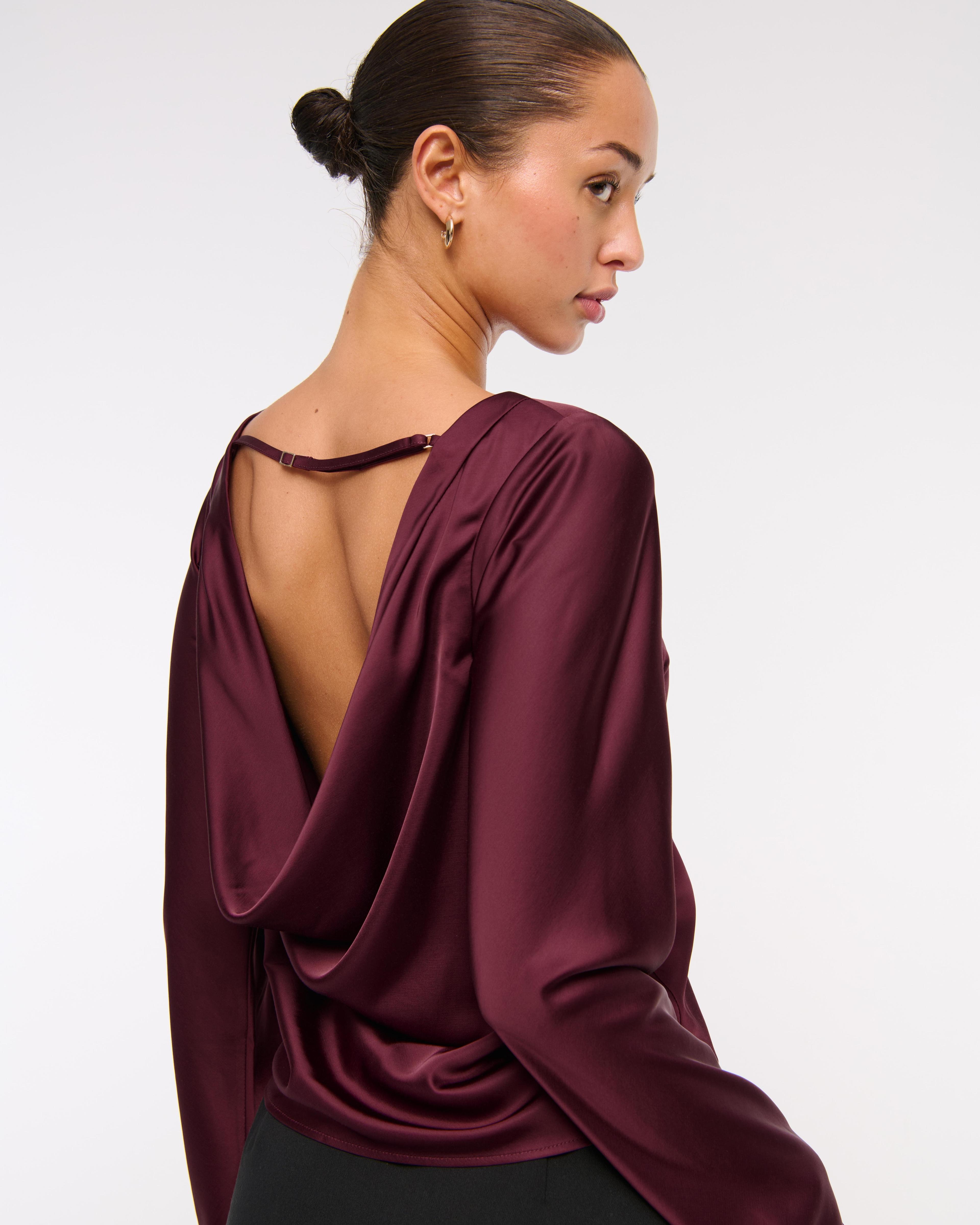 Long-Sleeve Satin Cowl-Back Top Product Image