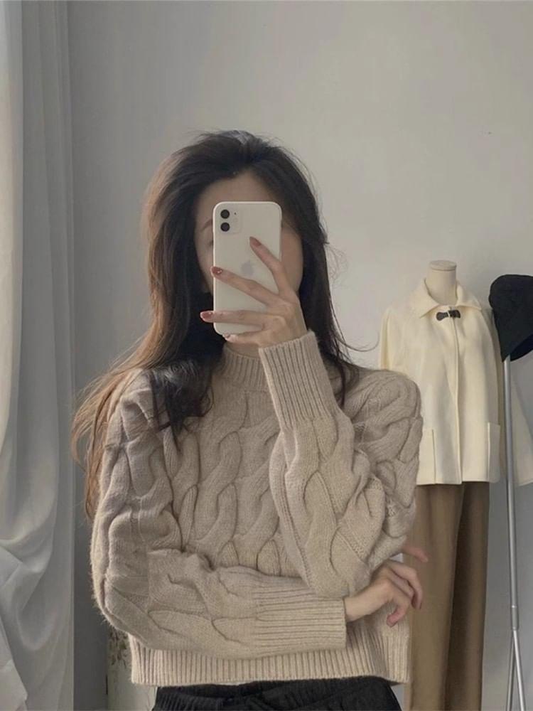 Mock Neck Plain Cable Knit Crop Sweater Product Image