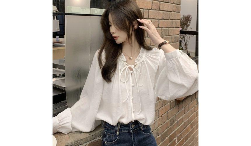 Long-Sleeve Tie-Neck Plain Frill Trim Button-Up Blouse Product Image