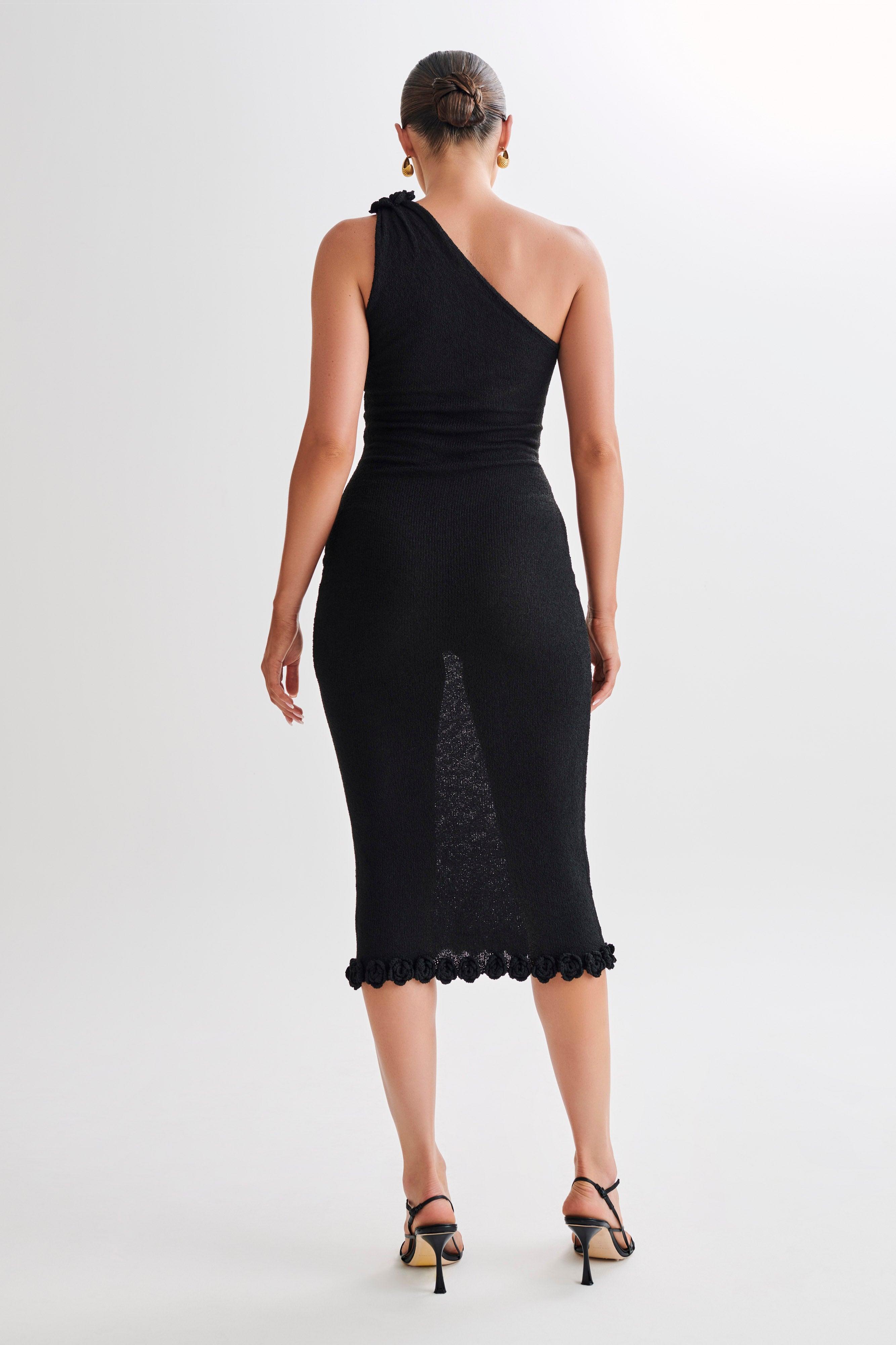 Clementine One Shoulder Knit Midi Dress - Black Product Image