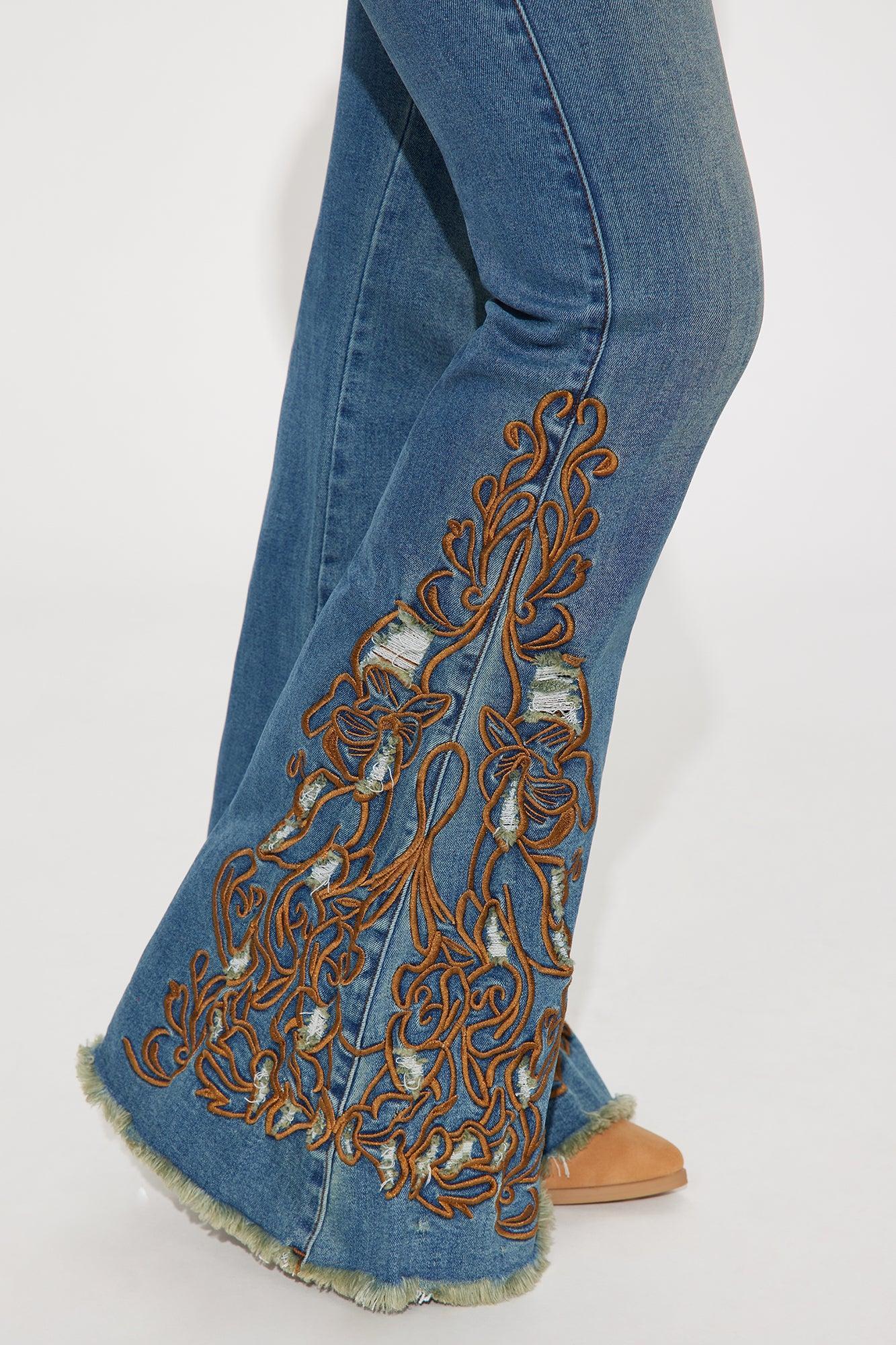 Glow Up Embroidered Stretch Flare Jeans - Medium Wash Product Image