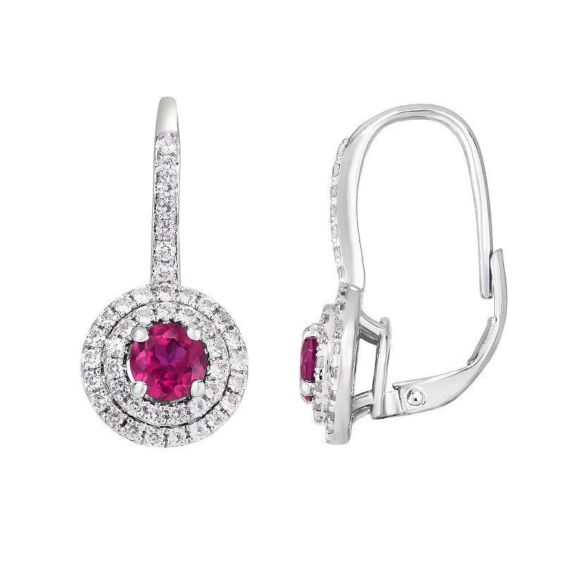 Sterling Silver Lab-Created Ruby & Lab-Created White Sapphire Halo Drop Earrings, Womens Product Image