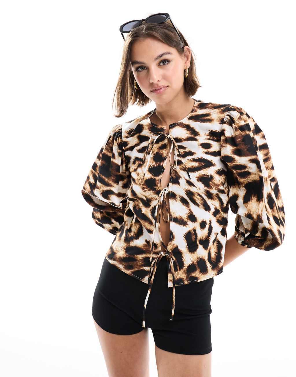 ASOS DESIGN cotton long sleeve top with ties in leopard print Product Image