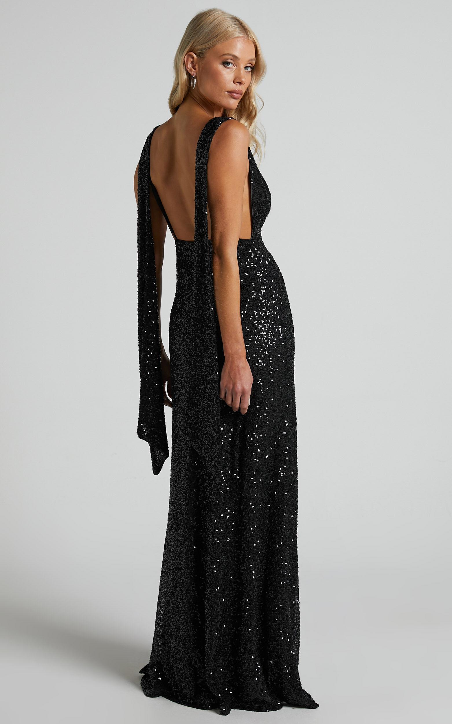 Malisha Maxi Dress - Sequin Cowl Neck Backless Dress in Black Product Image