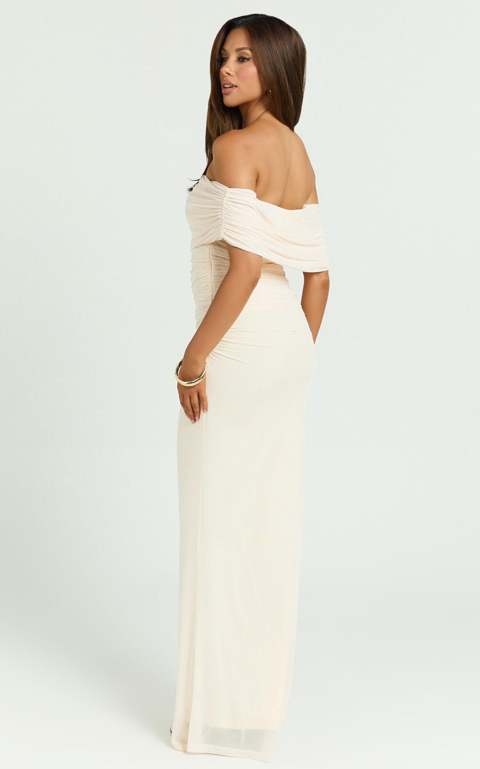 Caterina Maxi - Ruched Off Shoulder Mesh Dress in Off White Product Image