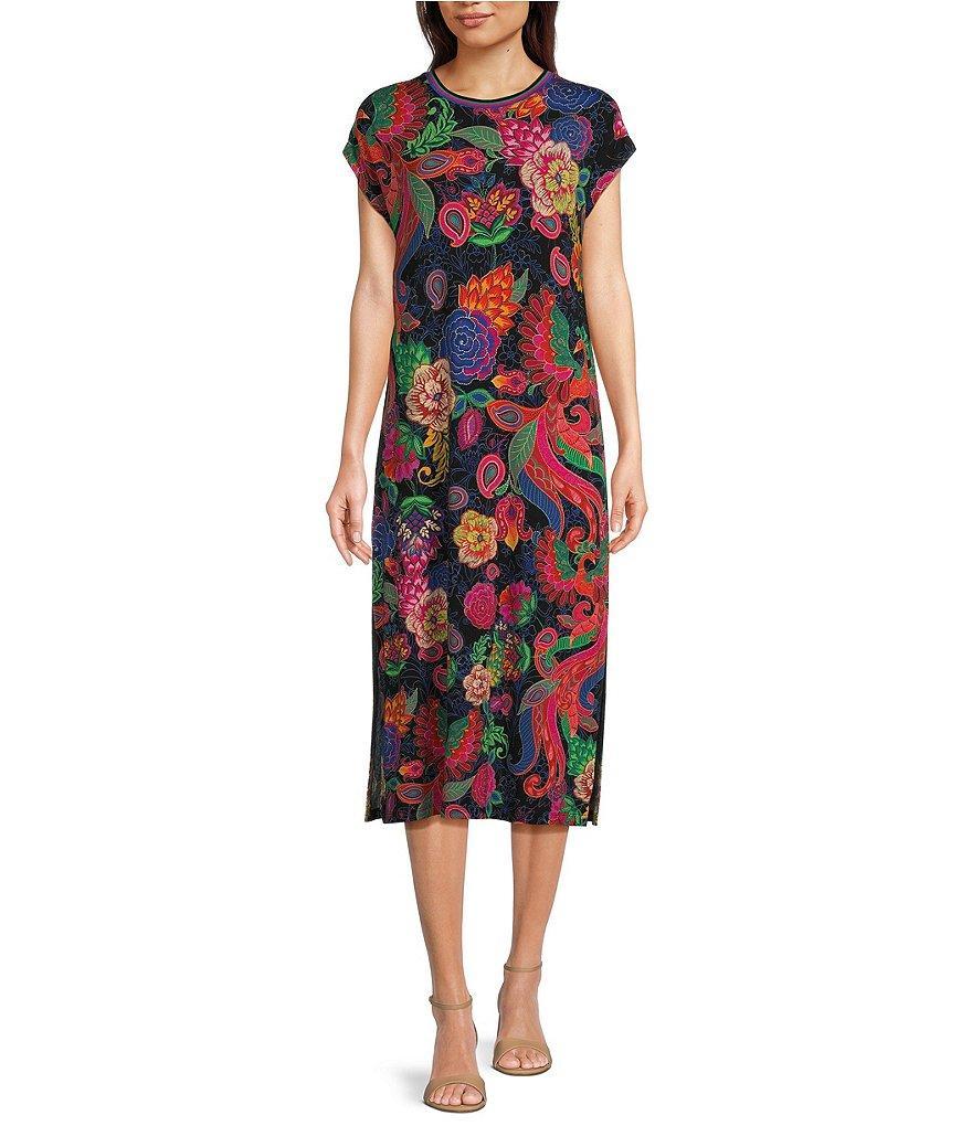 JOHNNY WAS Janie Favorite Exotic Floral Print Knit Jersey Crew Neck Cap Sleeve Midi Dress Product Image