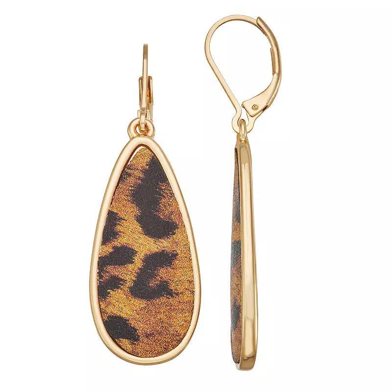 Nine West Gold Tone Large Cheetah Print Teardrop Earrings, Womens, Brown Product Image