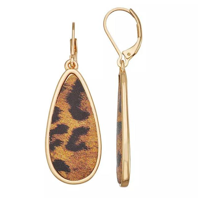 Nine West Gold Tone Large Cheetah Print Teardrop Earrings, Womens, Brown Product Image