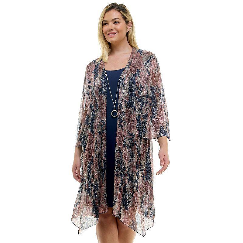 Plus Size Luxology 3-Piece Jacket & Shift Dress with Necklace, Womens Navy Brown Blush Product Image