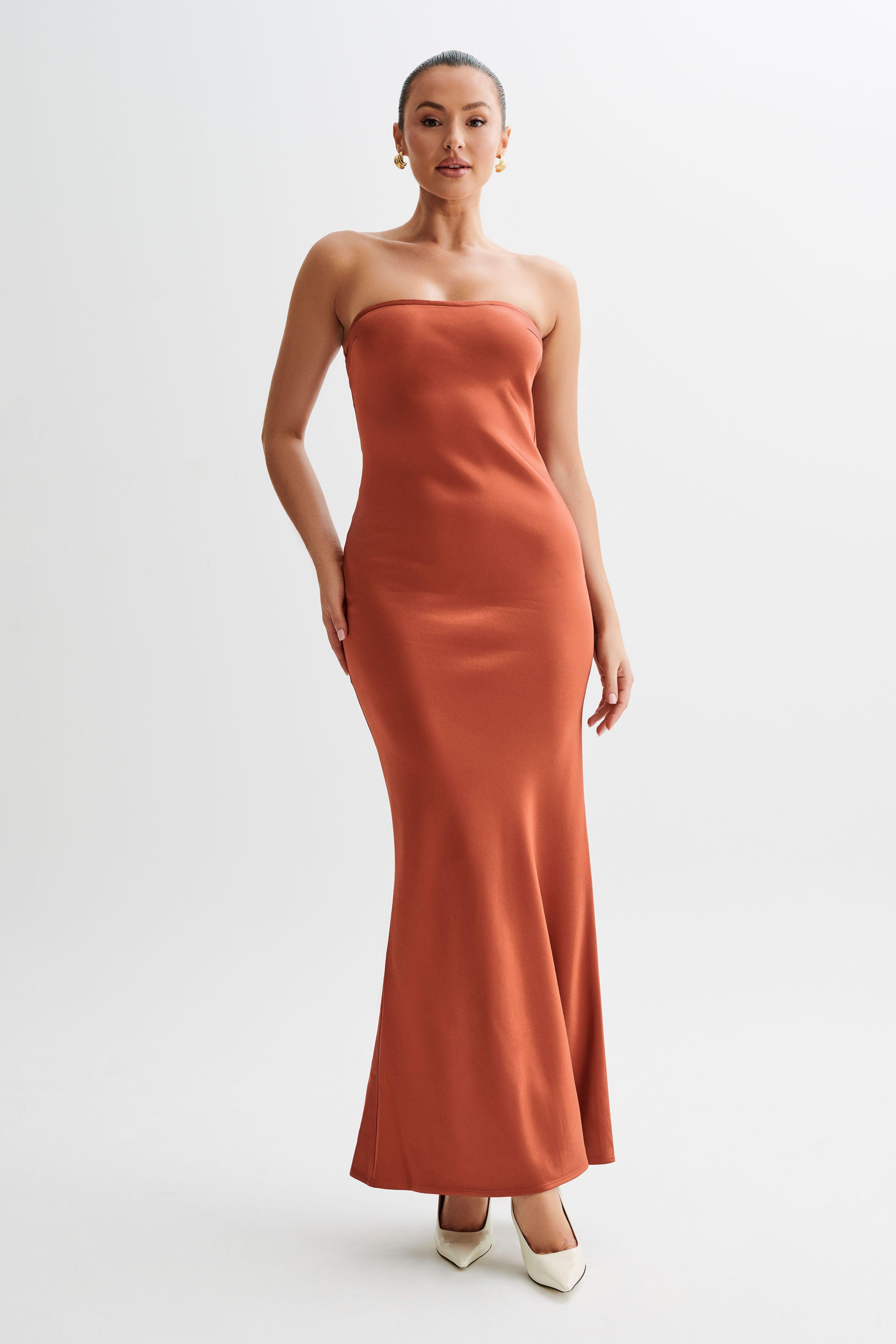 Claudette Strapless Satin Maxi Dress - Burnt Orange Product Image