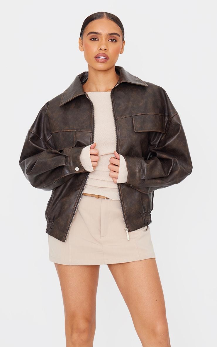 Chocolate Worn Faux Leather Pocket Detail Oversized Longline Bomber Jacket Product Image