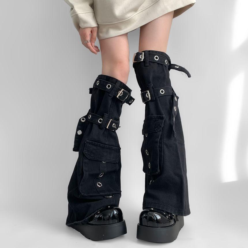 Grommet Buckled Denim Leg Warmers Product Image