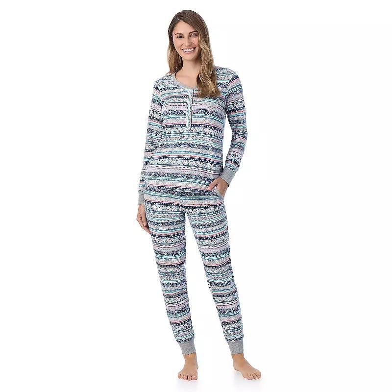 Womens Cuddl Duds Cozy Long Sleeve Henley Pajama Top and Pajama Pants Set Grey Celestial Product Image