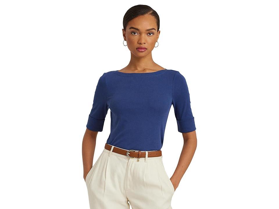 LAUREN Ralph Lauren Petite Stretch Cotton Boatneck Top (Indigo Sail) Women's Clothing Product Image