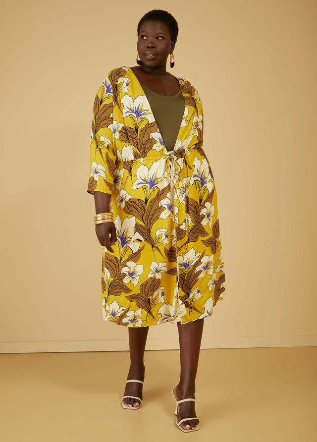 Plus Size Floral Print Drawstring Kimono Ashley Stewart Product Image