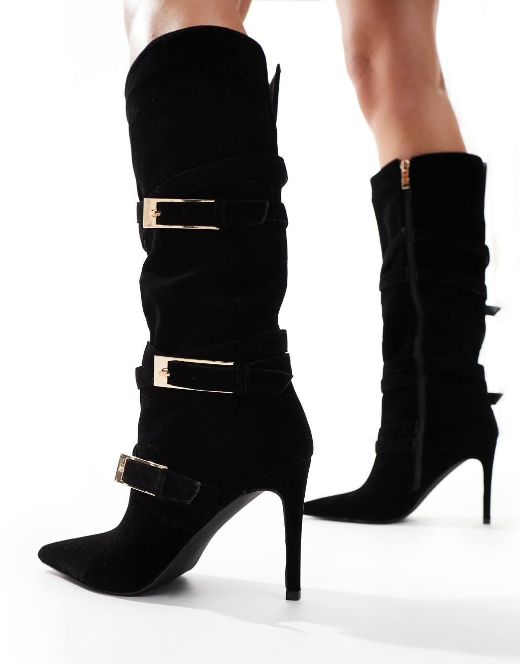 Simmi London Kairi Buckle Knee Boot in Black Velvet Product Image