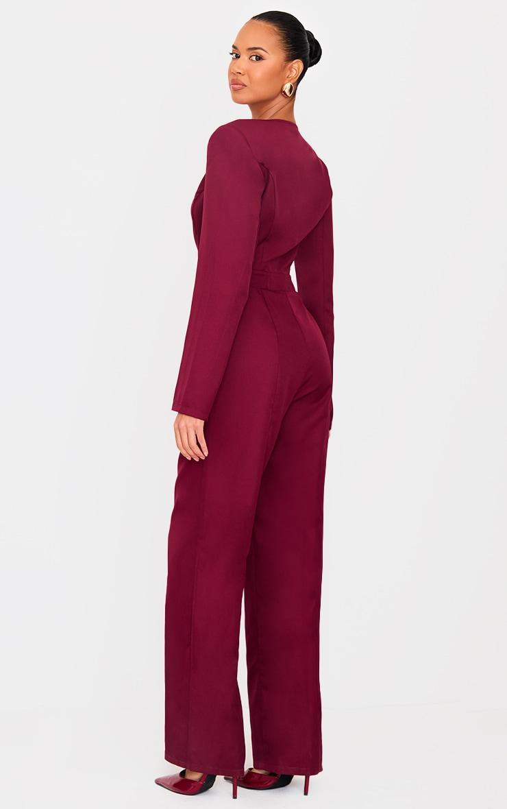 Burgundy Woven Plunge Long Sleeve Straight Leg Jumpsuit Product Image