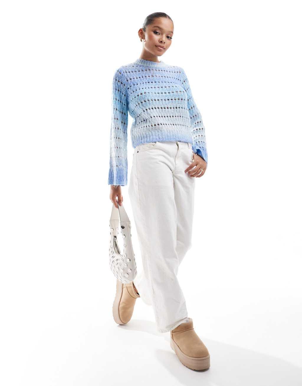 ONLY round neck ombre sweater in light blue  Product Image