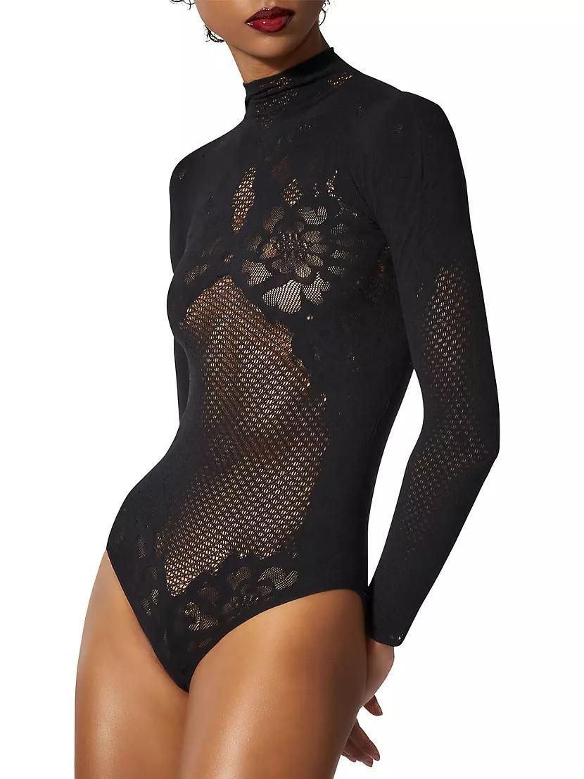 Floral Lace Fishnet Mock-Turtleneck Bodysuit Product Image