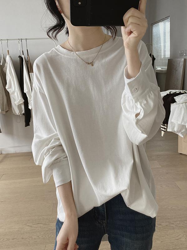 Long Sleeves Loose Solid Color Round-Neck T-Shirts Tops Product Image