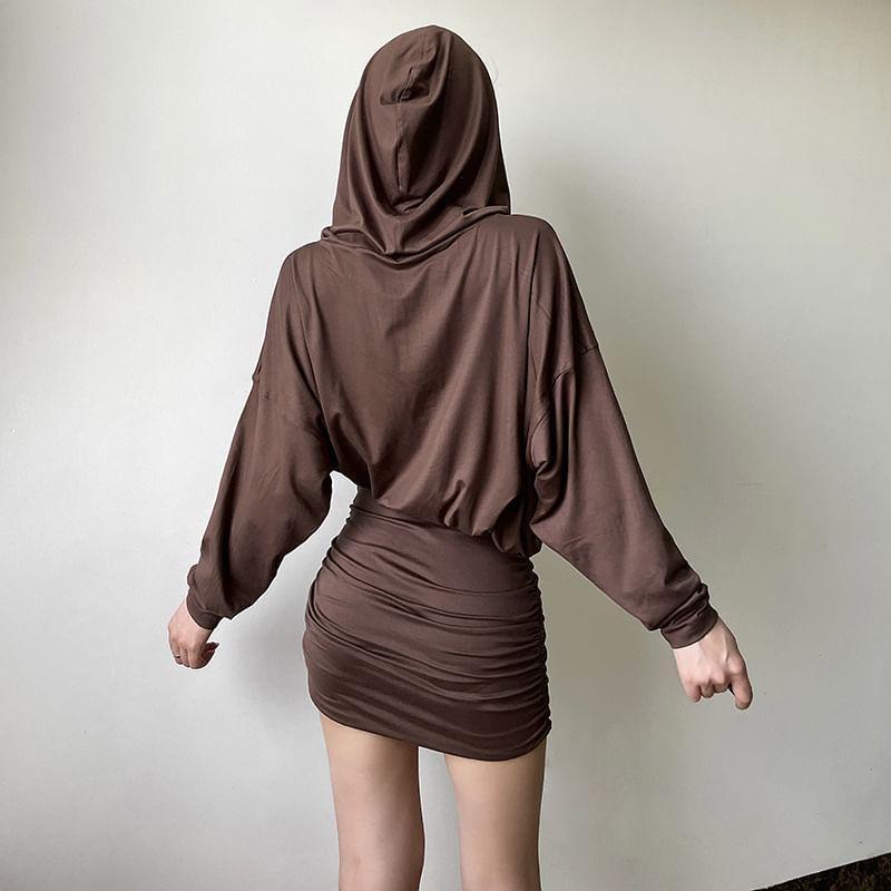 Long Sleeve V-Neck Buckle Accent Plain Hooded Slim-Fit Mini Bodycon Dress Product Image