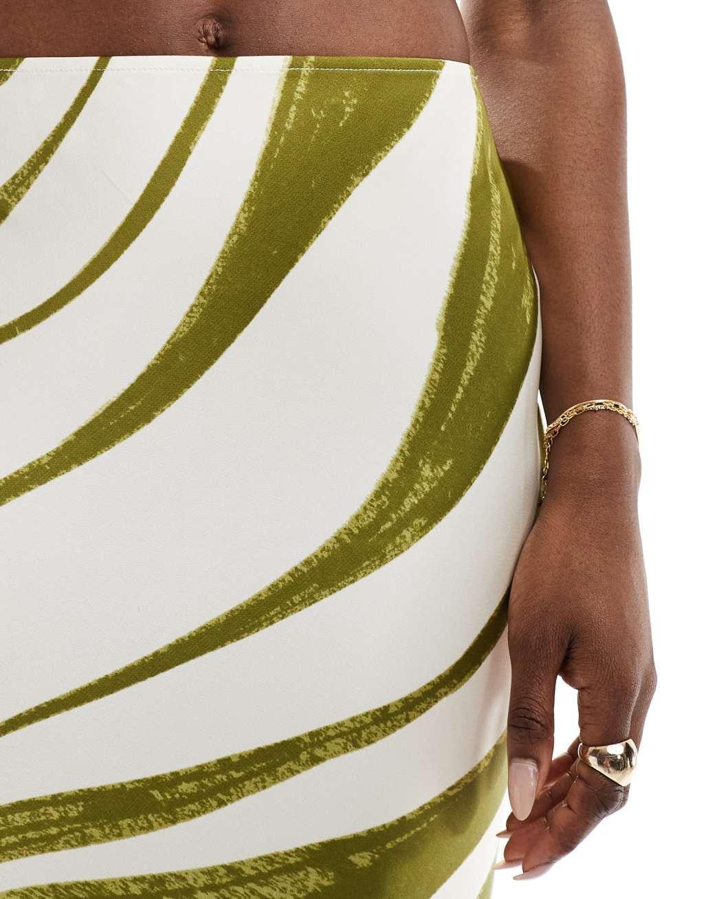 ASOS DESIGN satin bias midi skirt in green stripe Product Image