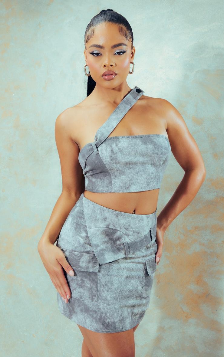 Grey Acid Wash Strap Detail Cargo Bodycon Dress Product Image