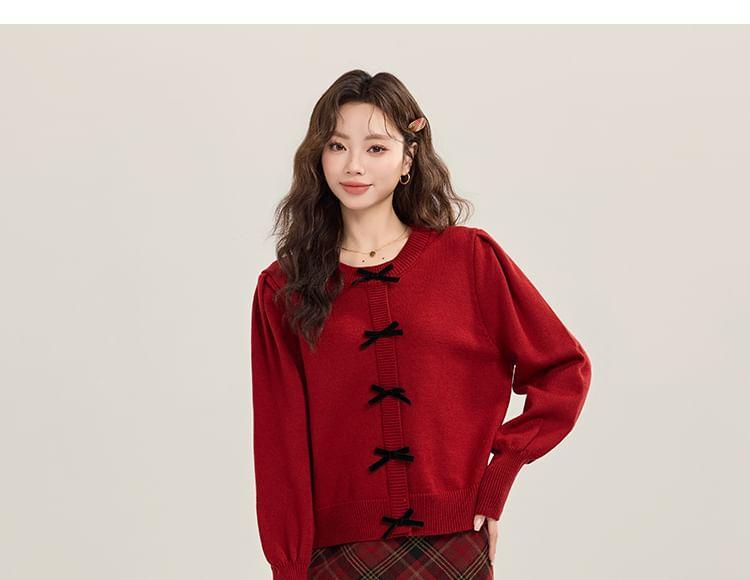 Crewneck Ribbon Accent Plain Cardigan Product Image