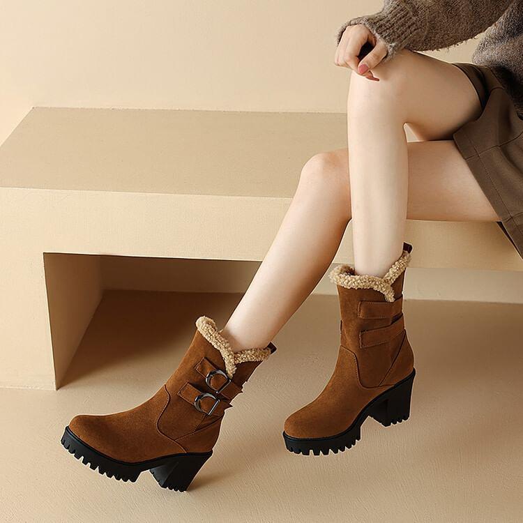 Chunky Heel Buckled Faux Suede Short Boots product image