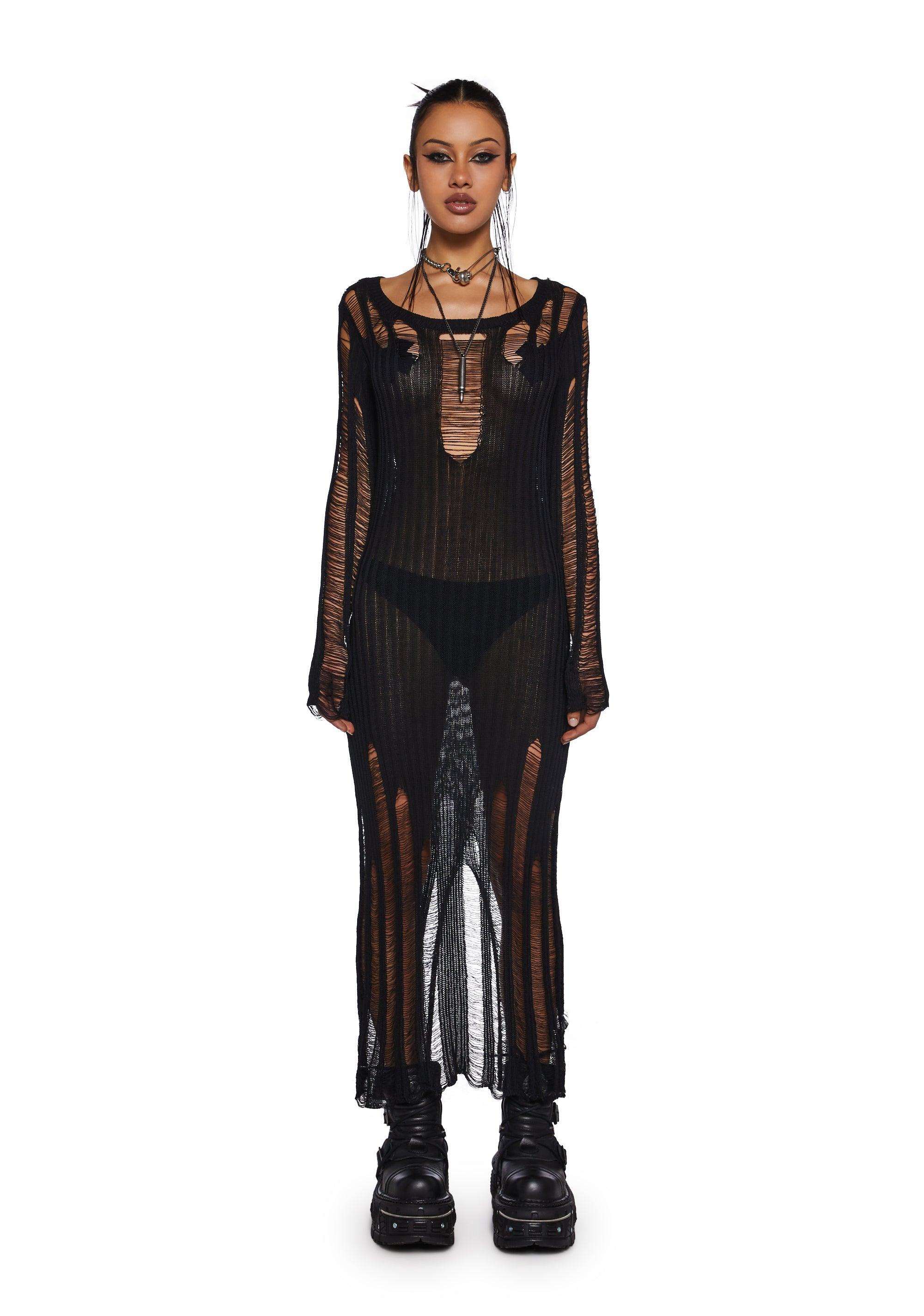 Distressed Sheer Shredded Long Sleeve Knit Maxi Dress - Black Product Image