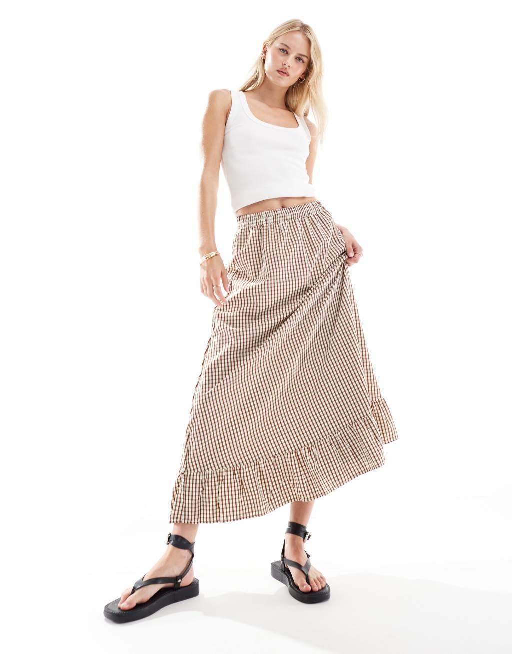 ONLY Tall gingham maxi skirt in brown  Product Image