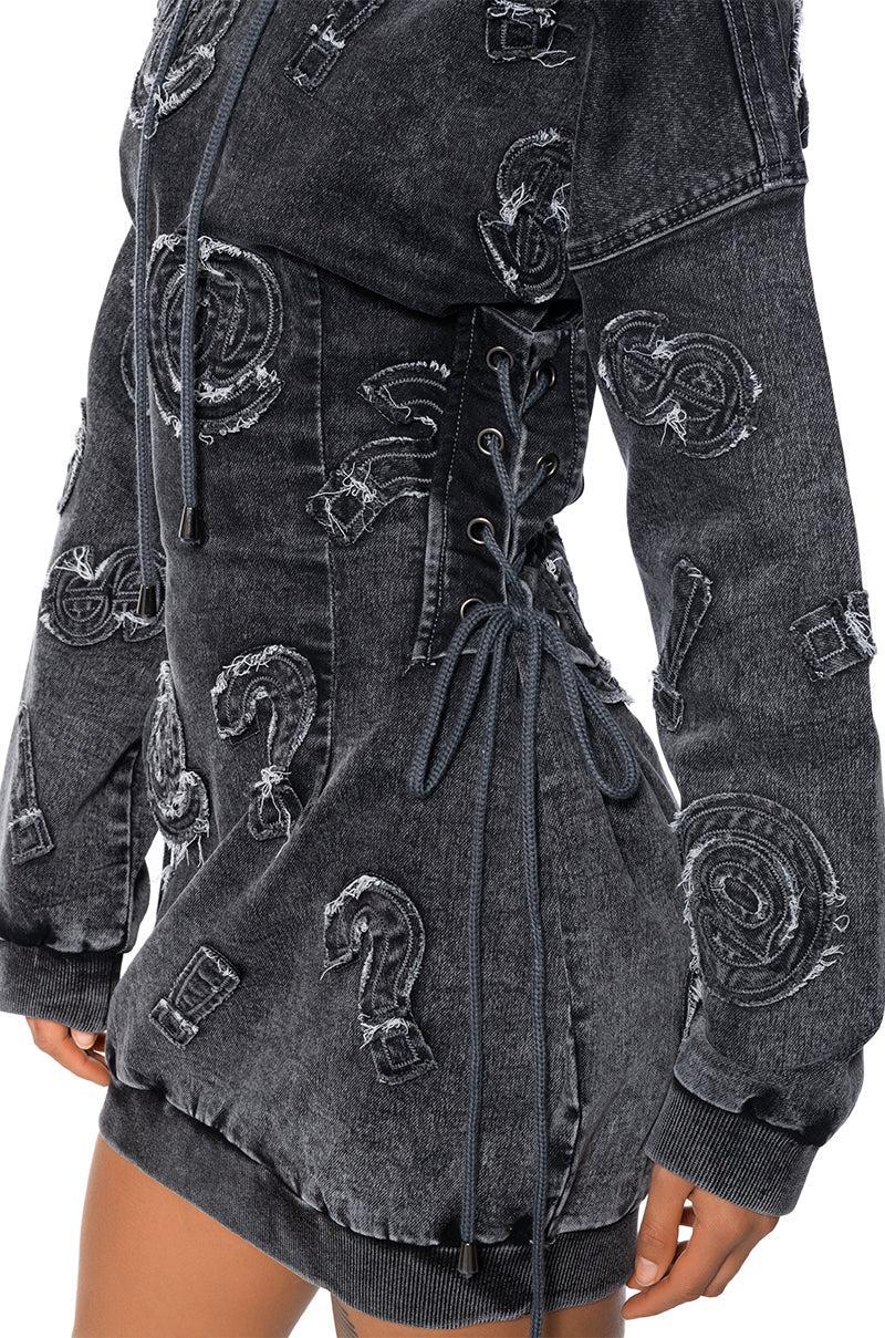 SO MANY QUESTIONS FRAYED DENIM HOODIE MINI DRESS Product Image