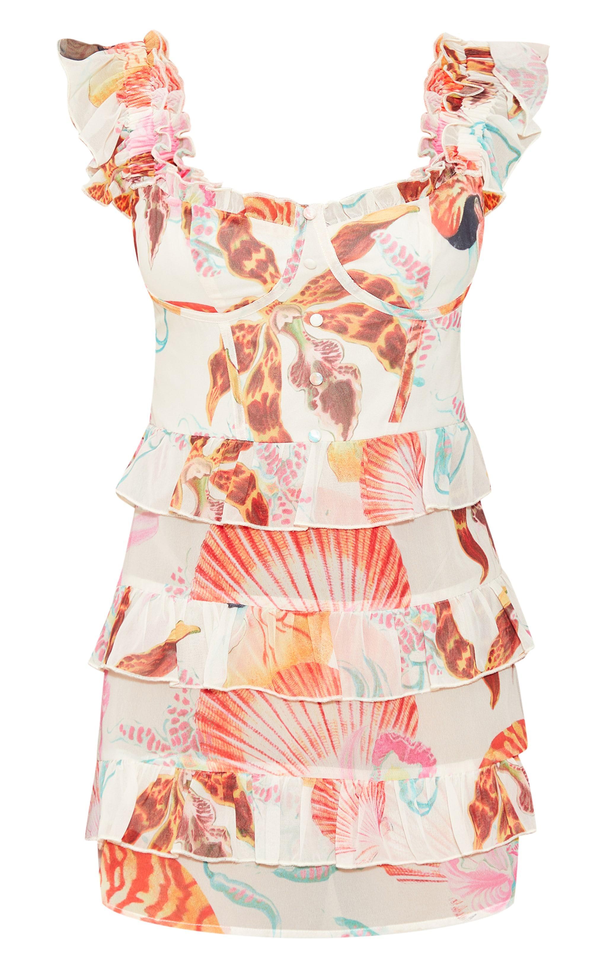 Petite White Print Ruffle Detail Mini Dress Product Image