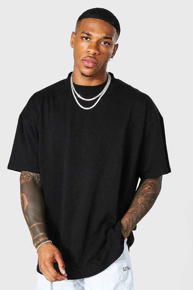 Mens Black Oversized Extended Neck Heavy T-shirt, Black Product Image