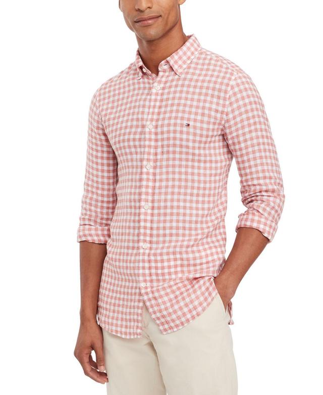 Men's Slim-Fit Gingham Check Button-Down Linen Shirt  Product Image