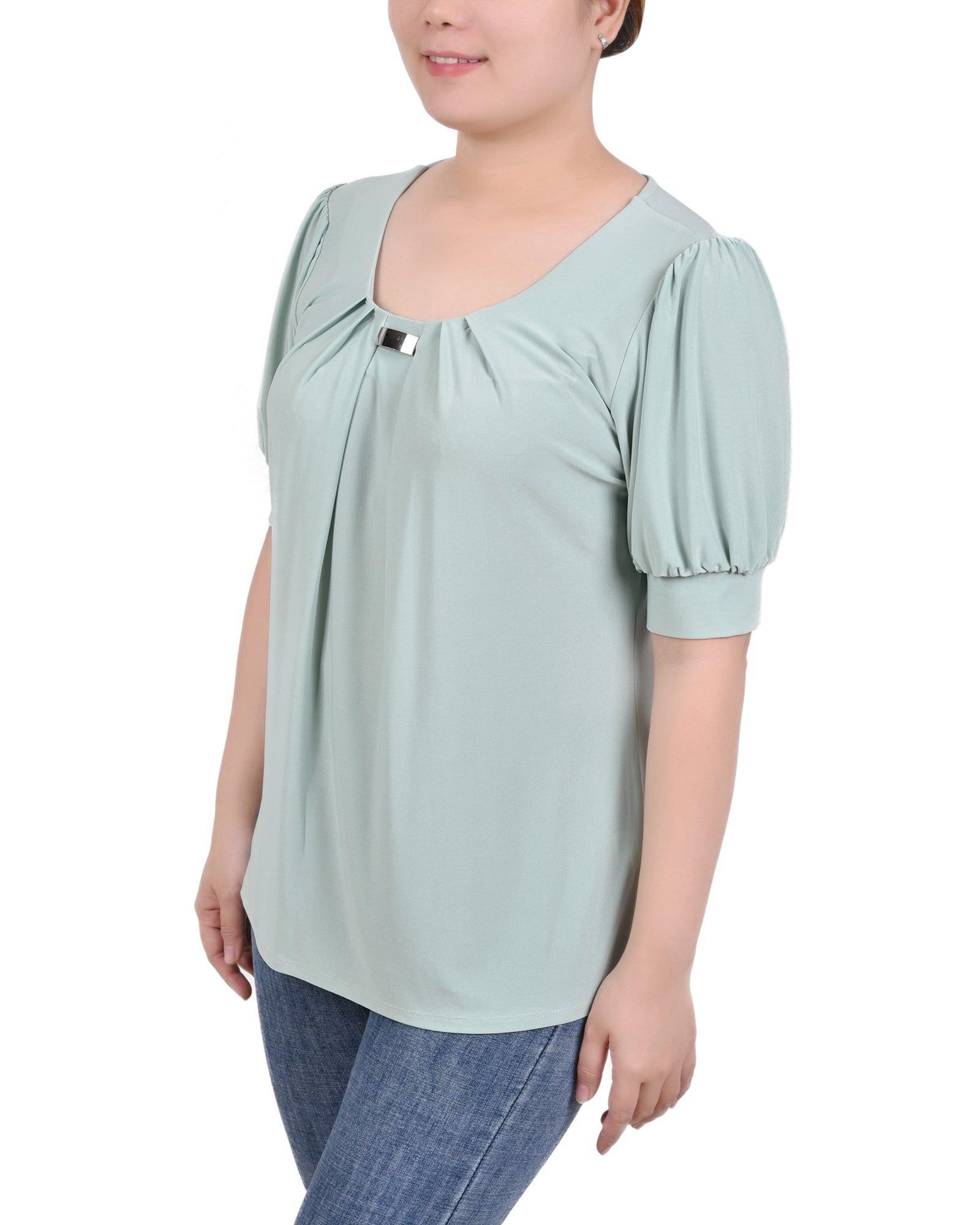 Short Sleeve Balloon Sleeve Top With Hardware - Petite Product Image