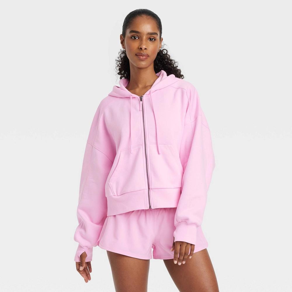 Women's Fleece Full-Zip Hooded Sweatshirt - JoyLab™ Light Pink S Product Image