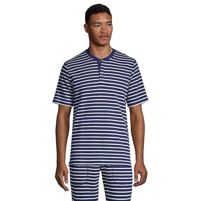 Mens Lands End Waffle Pajama Sleep Henley Deep Blue Product Image