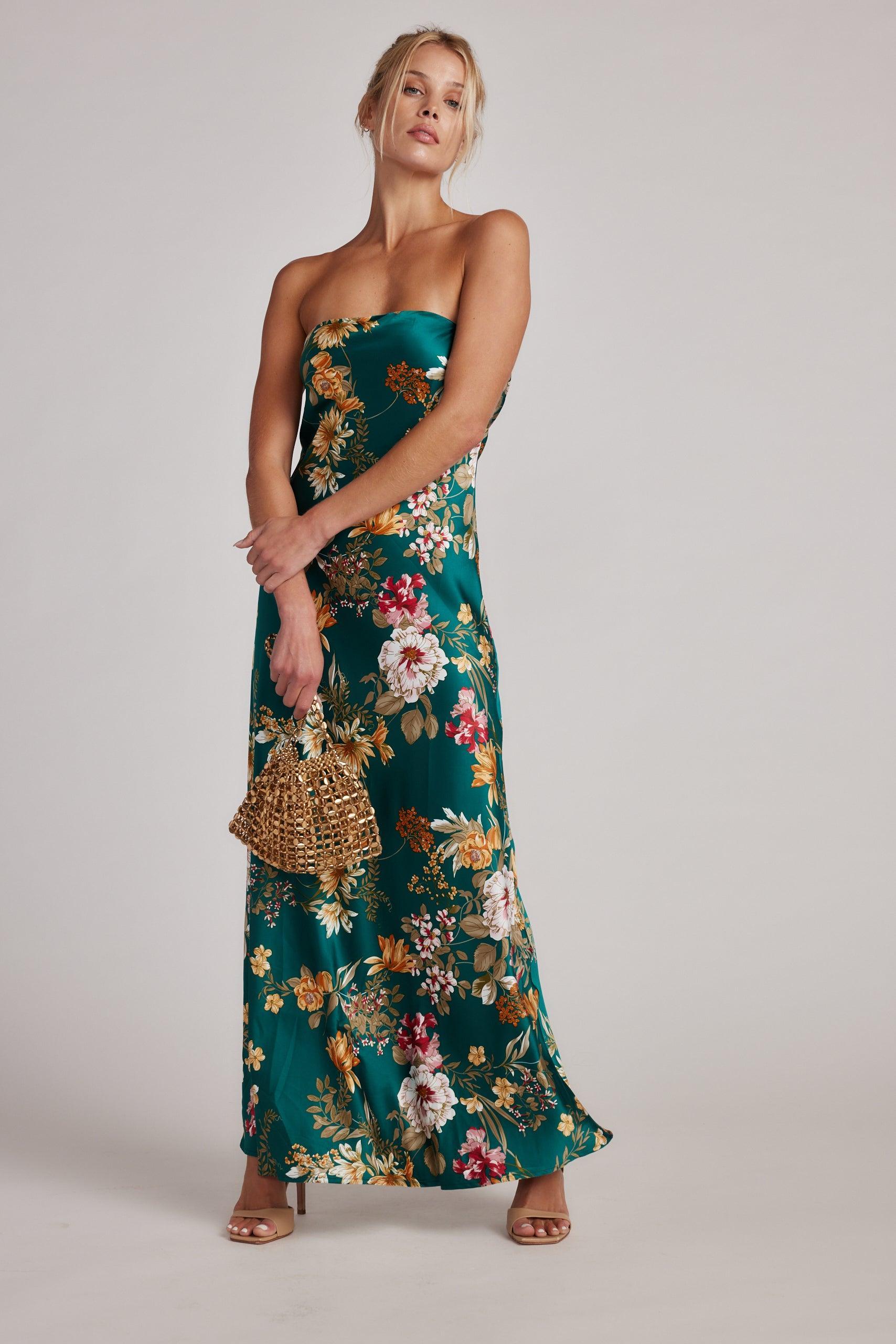 Natalia Emerald Floral Strapless Maxi Dress Product Image