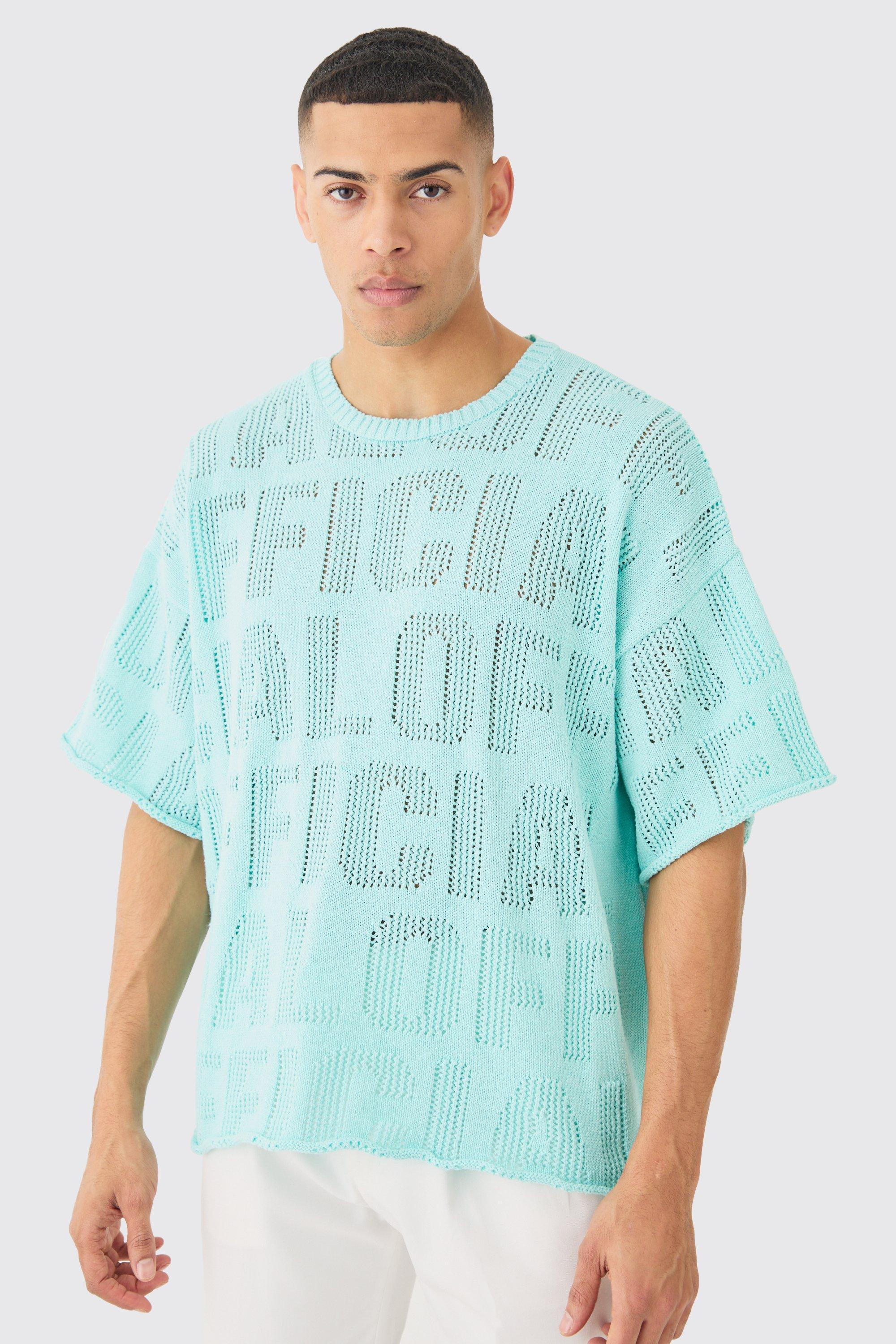 Mens Oversized Branded Open Stitch T-shirt In Light Blue, Blue Product Image