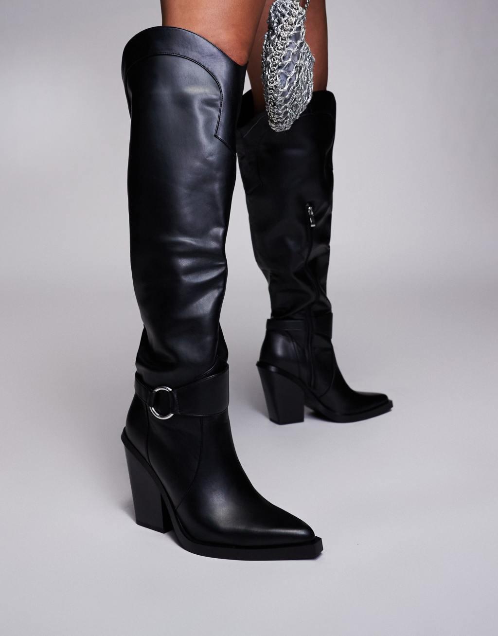 Simmi London Wide Fit Dru Over the Knee Western Boot in Black Product Image