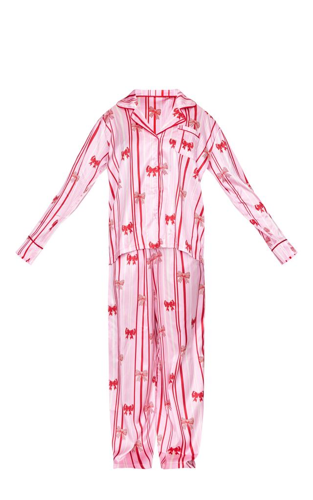 Pink Stripe Bow Print Satin Long Pj Set Product Image